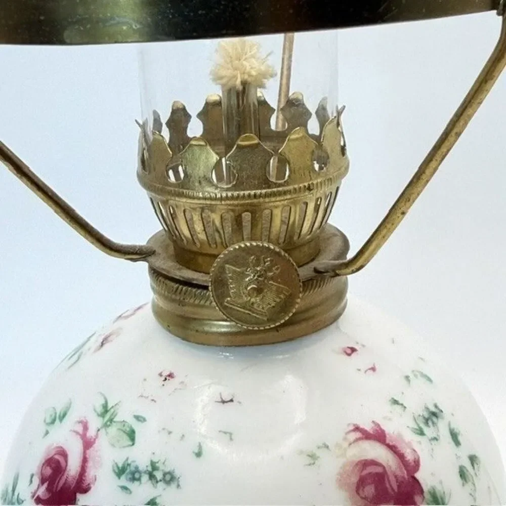 Antique Miniature GWTW Oil Lamp Base White Milk Glass Pink Roses 5 inch Japan